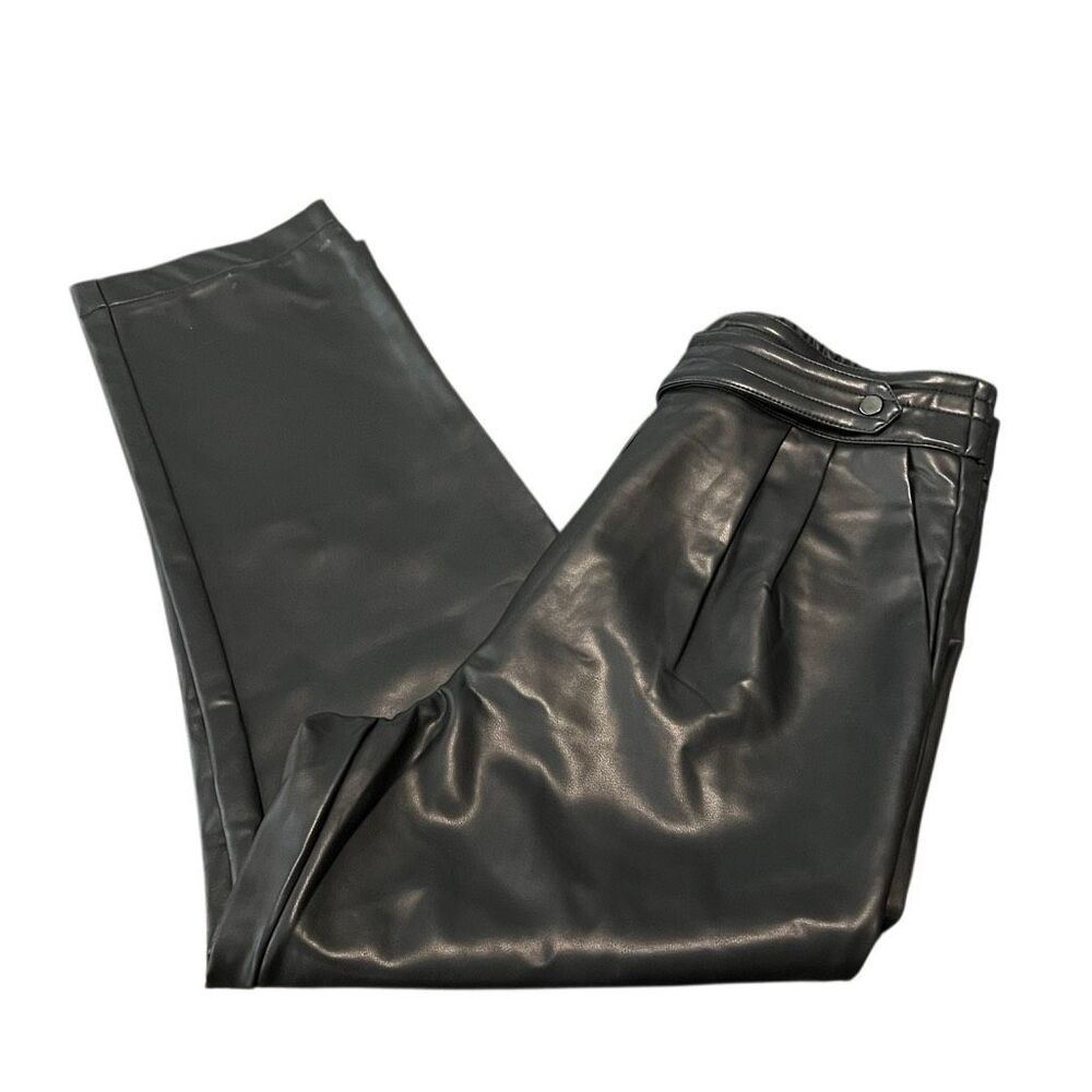 See U Soon Women's Pleated Front Faux Leather Cropped Trousers Black Size 06 NWT